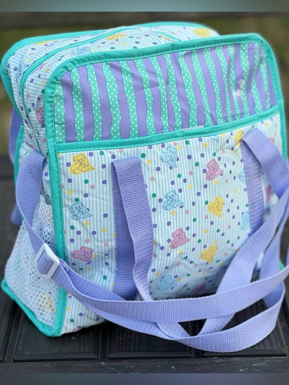 1990s vintage vinyl Pastel Bear Print Purple & Mint baby diaper bag